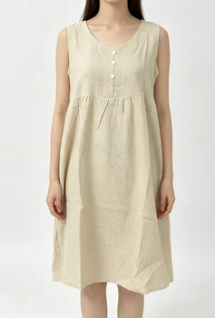 2026 New Women's Cotton Linen Sleeveless Dress Casual V Neck Button Down Loose Midi Dresses for Summer Women's Casual Dresses