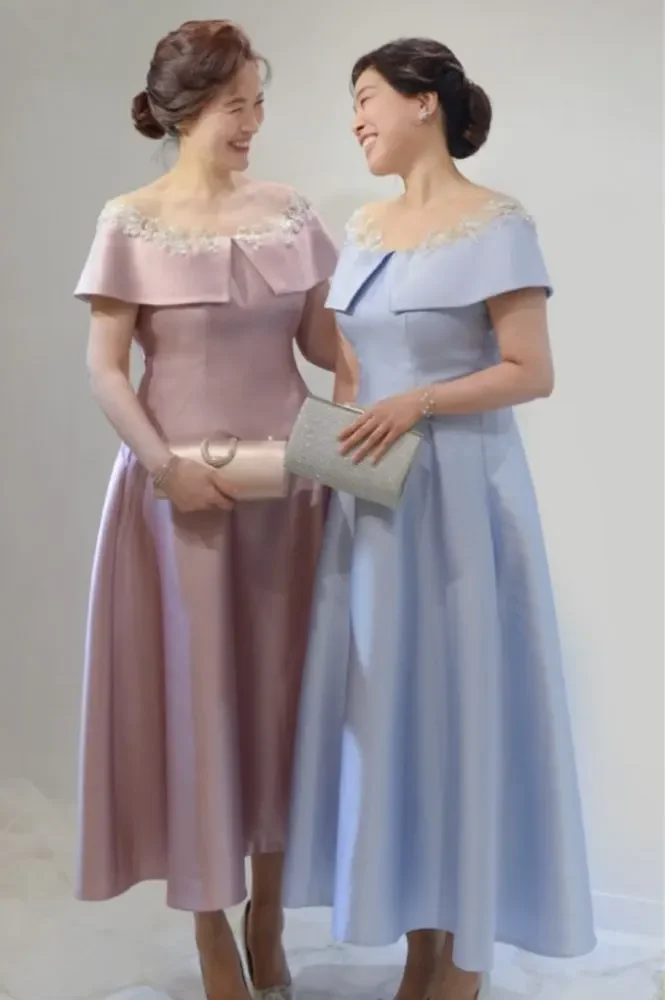 

OLOEY Elegant Mother Party Dresses Blue Applique Lace Pink Wedding Party Dress Formal Gowns Tea Length Vintage Korea Photoshoot