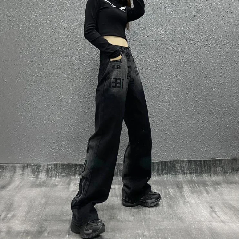 low rise jeans JMPRS Streetwear Letter Print Jeans High Waist Fashion Black Straight Baggy Denim Pants Y2k New 2022 Loose Female Trousers levis 501