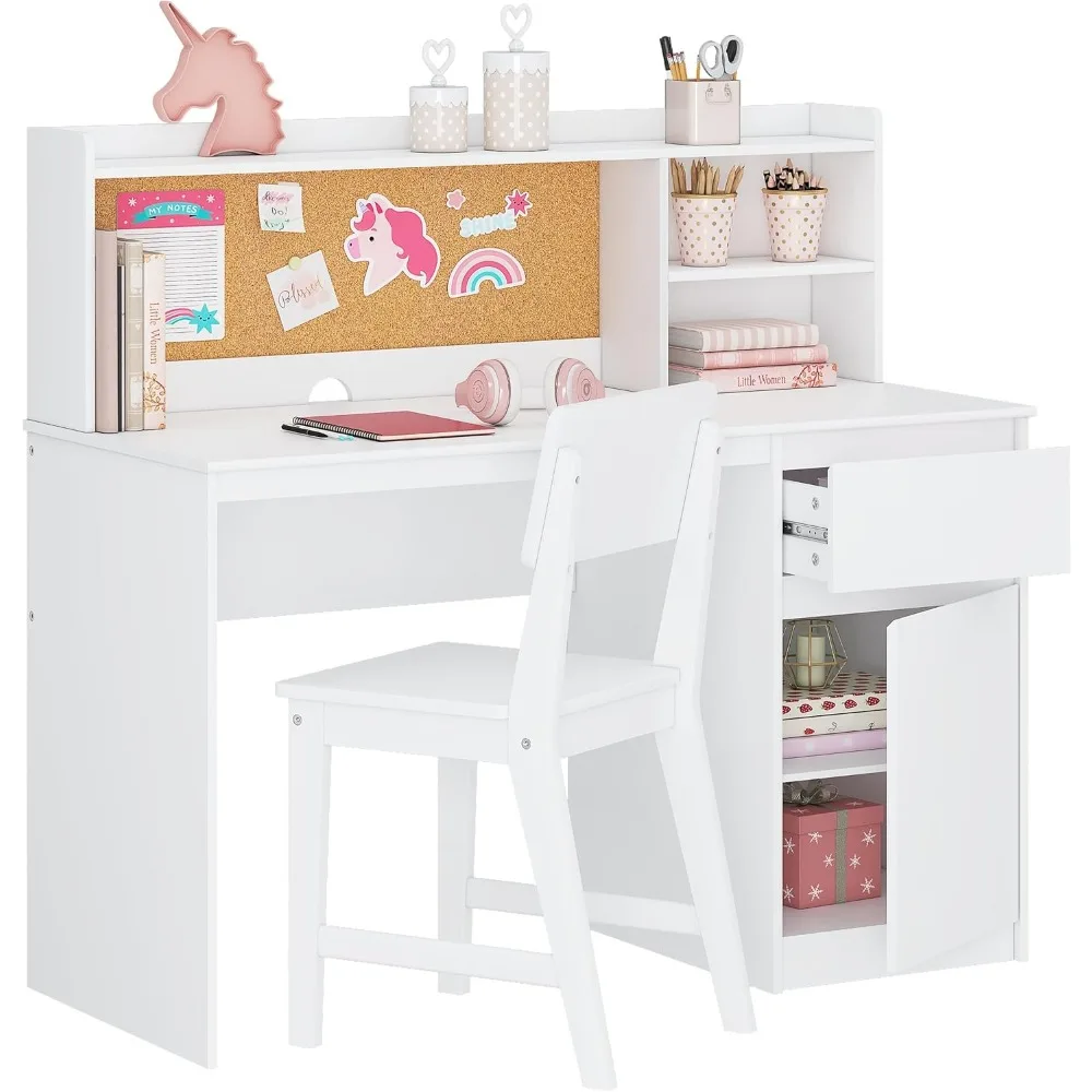 UTEX Kids Study Desk with Chair Kids Desk and Chair Sets with Hutch and Storage Cabinet Wooden Children Study Table