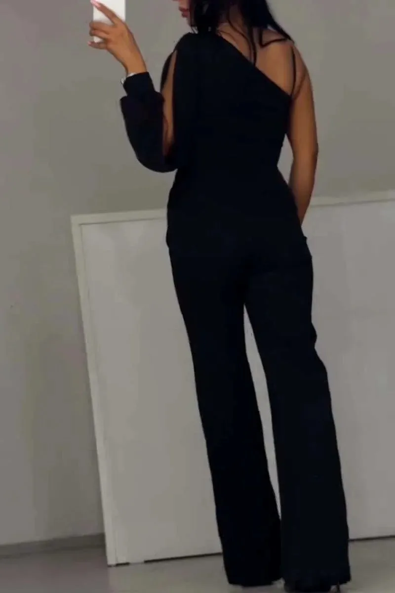 Slanted Shoulder High Slit Jumpsuit