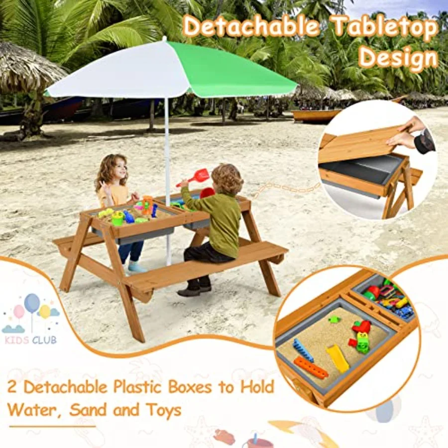 Picknicktisch für Kinder im Freien mit Sand- und Wasserspielbehältern, höhenverstellbarem Sonnenschirm und abnehmbarer Tischplatte – kleinkindgerecht_voghion.com