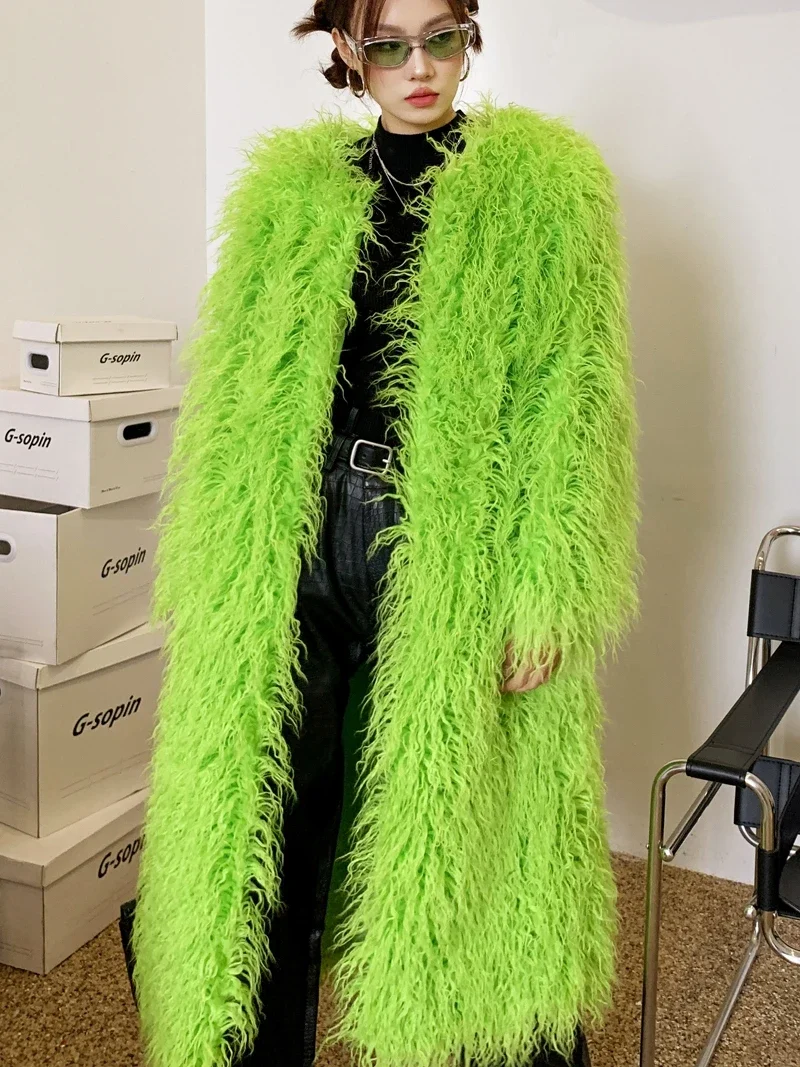 2023 Autumn And Winter New Unique Fruit Green Faux Fur Color Coats Imitated Sheep Furry Woolen Overknee Long Warm Jacket Women