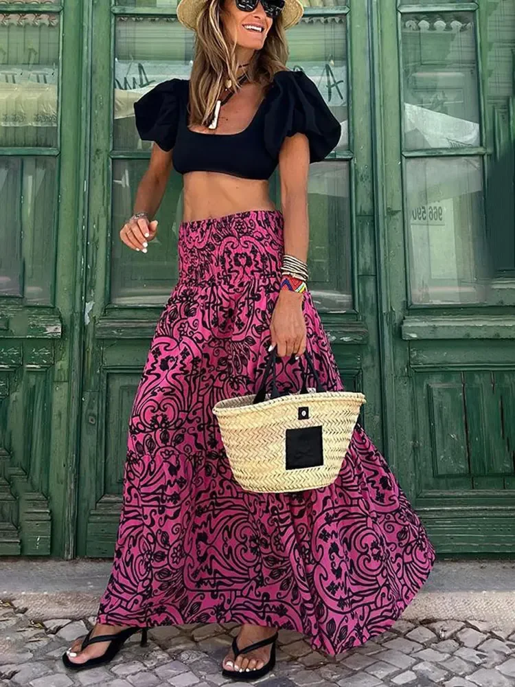 WildPinky Fashion Floral Print Skirts Women Summer Vintage