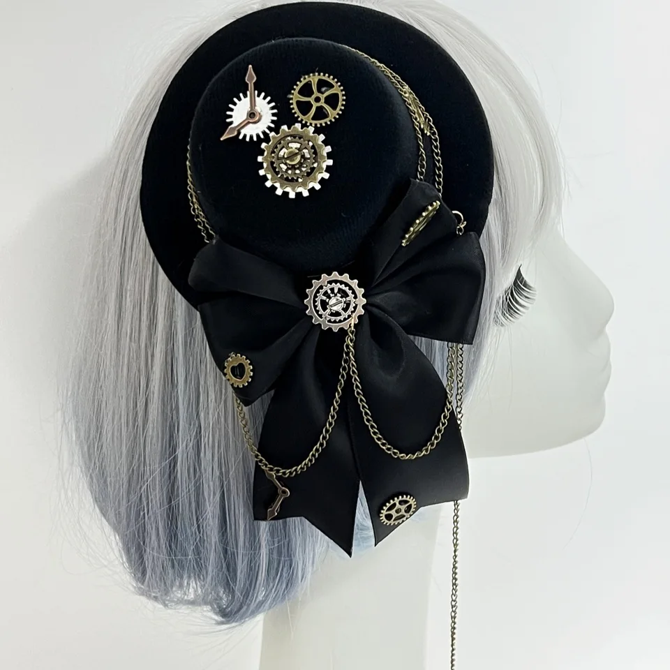 Mini Sombrero Gótico Steampunk Mujer - Con Plumas, Flores Y Cadena, Clip Pelo, 20x24 Cm, Disfraz Cosplay