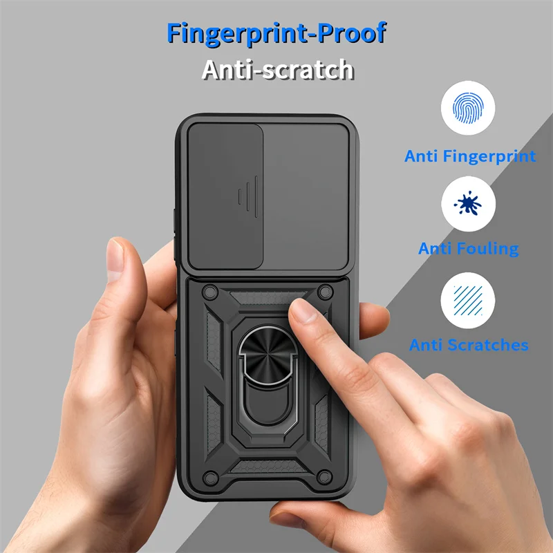 Slide Lens Protect Armor Phone Case with Ring Magnetic Stand Holder and s