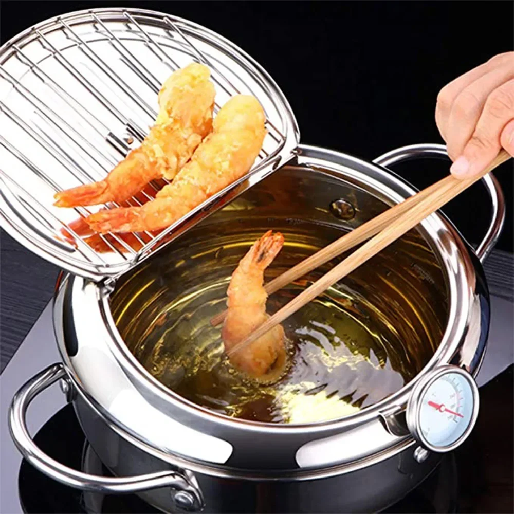Japanese Deep Fryer With Thermometer and Lid 304 Stainless Steel Kitchen Tempura Fryer Pan Without Oil Frying Pan