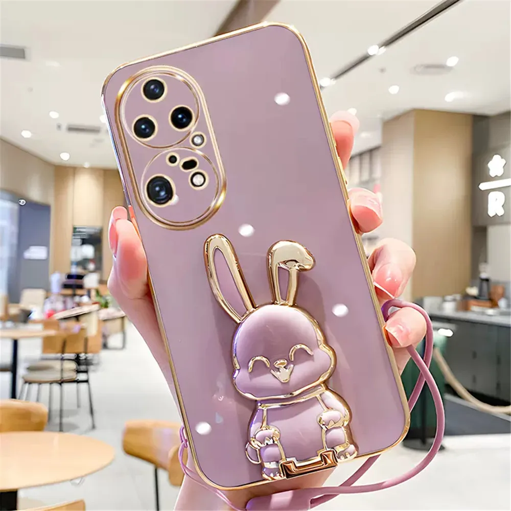 Carcasă de telefon cu suport placat cu iepure drăguț pentru Huawei P50 P40 Pro P30 P20 Lite Mate 50 40 30 20 P Smart 2021, silicon, cu șnur_voghion.com