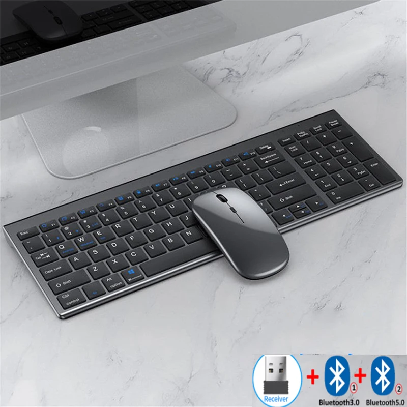 Ultra-fino Teclado e Mouse Conjunto sem Fio Portugalinglês Usb 2.4g Mais Bluetooth Teclado e Mouse Pente Conjunto Recarregável Prata