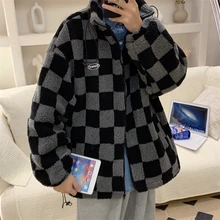 

Men's Thick Coat Imitation Woolen Plaid Checkerboard Jacket Zipper Stand Collar Outer Wear Handsome Boy Winter Male Clothes