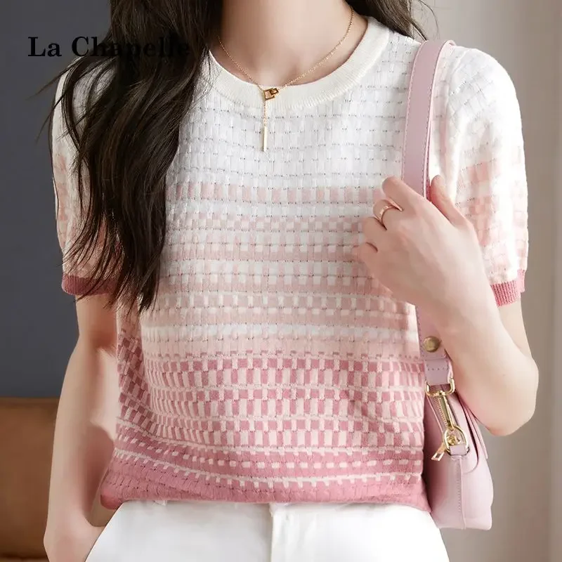 

Gradient colour short-sleeved knit sweater women 2024 summer new fashion versatile celebrity style bottoming tops