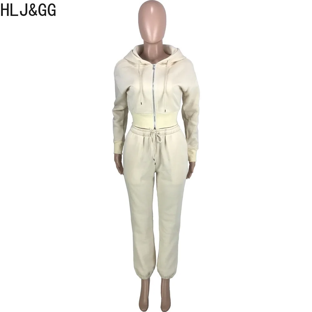 HLJ&GG Casual Solid Jogger Pants Two Piece Sets Women Zipper Long Sleeve Hooded Crop Top And Pants Outfits Female 2pcs Tracksuit