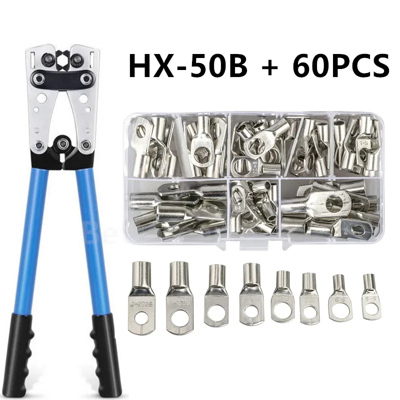 Terminais sc Hx50b Cabo de Bateria Lug Friso Ferramenta Crimper Fio Mão Catraca Terminal Friso Alicates para 6-50 Mm2 110awg 60 Peças