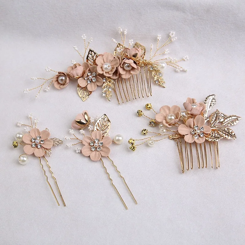 4 Stück Mode Luxus Blumen Haarkämme Kopfschmuck Prom Braut Hochzeit Blau Weiß Rosa Haarschmuck Gold Blätter Haarschmuck – Detail 8