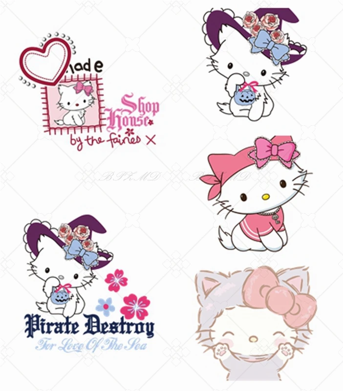 

Free Shipping Iron On Patches Stitch Hello Kitty Thermo-Adhesive Labels Children's Clothing Heat Transfer Stickers Fusible Patch