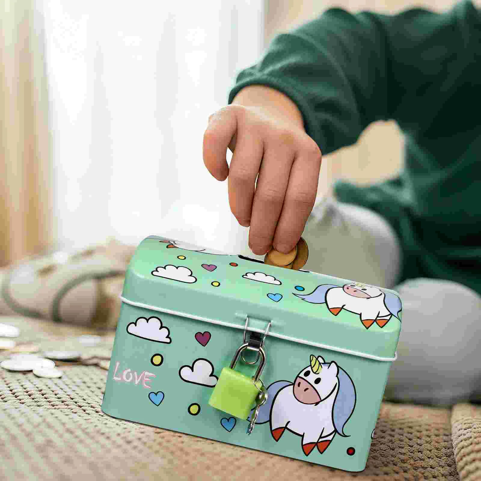 2 Pcs Kids Money Bank Creative Cartoon Unicorn Piggy Bank Adorable Saving Jar With Lock Iron Storage Box Home Decor Money Boxes 3