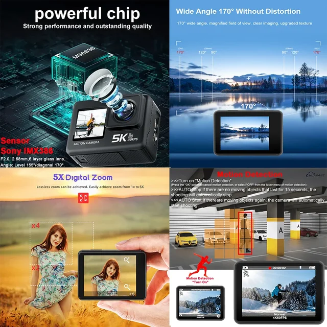 5K/4K60FPS Action Camera, 50MP, 2.0" Touch, EIS, Waterproof 30M 3
