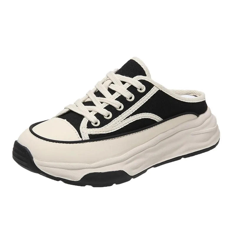 Women's Slippers Fashion Baotou Half Slippers Wear New Style Muffin Lace-Up Casual Canvas Slippers of Women Zapatos De Mujer