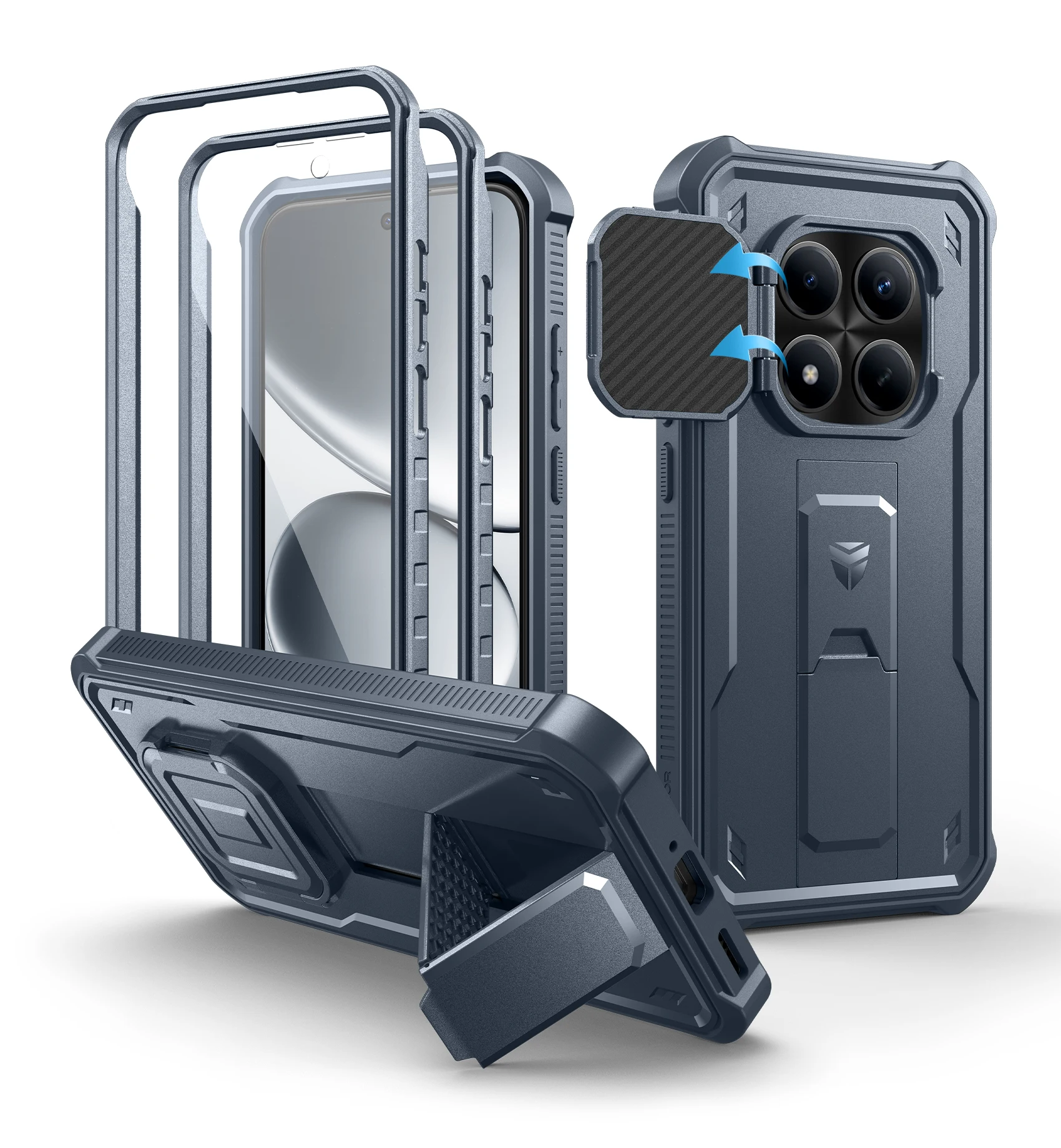 Shockproof Bumper Protective Case with Built-in Sliding Camera Cover, Screen Protector, and Kickstand