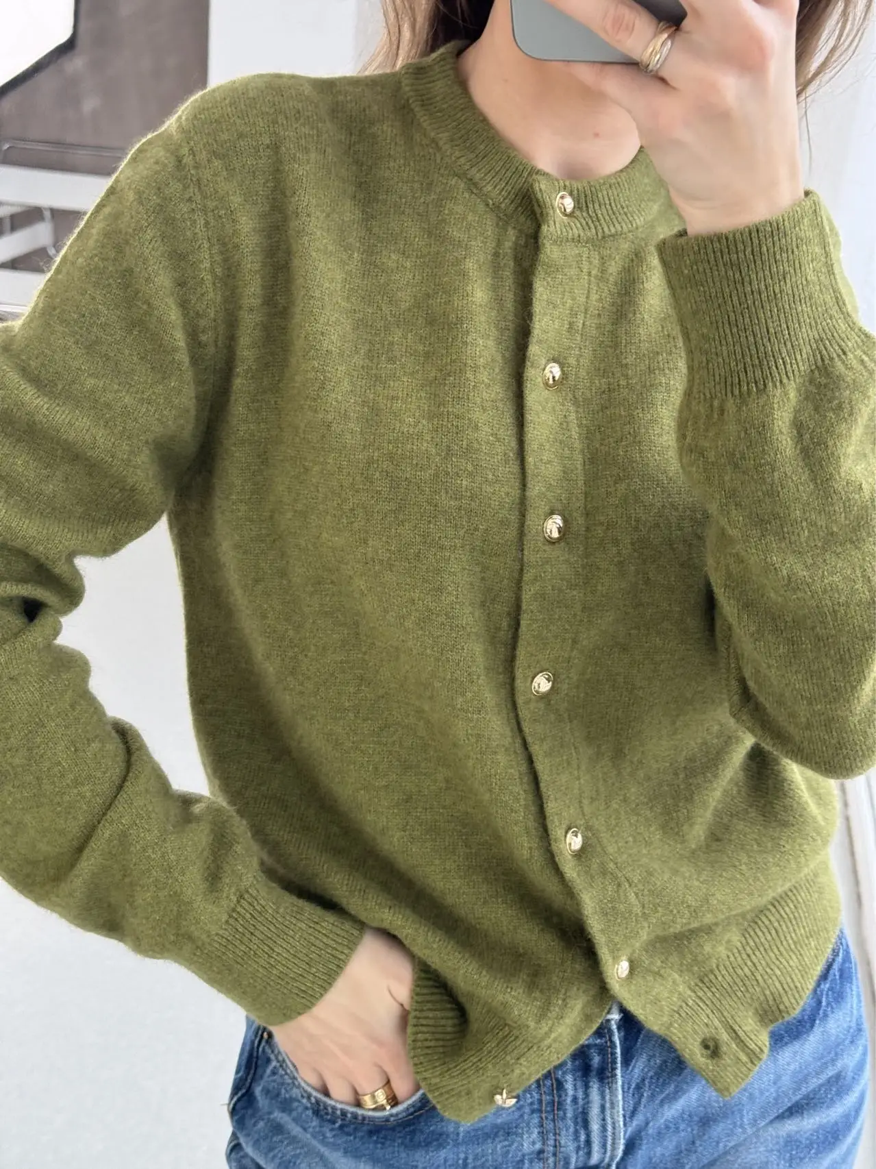 Autumn Women's Casual Wool Solid Color Round Neck Long Sleeve Loose Cardigan Sweater 4