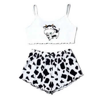 Women 2 Pieces Pajamas Set Cute Cow Print Sleeveless Top and Shorts Sleepwear Casual Homewear Loungewear Pijamas
