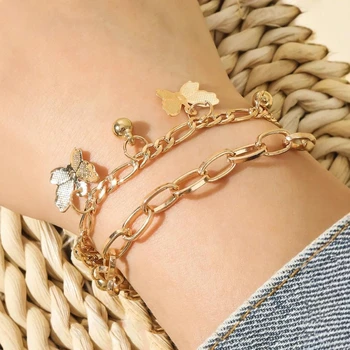Korean Fashion Gold Color Butterfly Charms Bracelet 2025 Trending New Jewelry Double-layer Thick Chain Bracelets For Women Gift