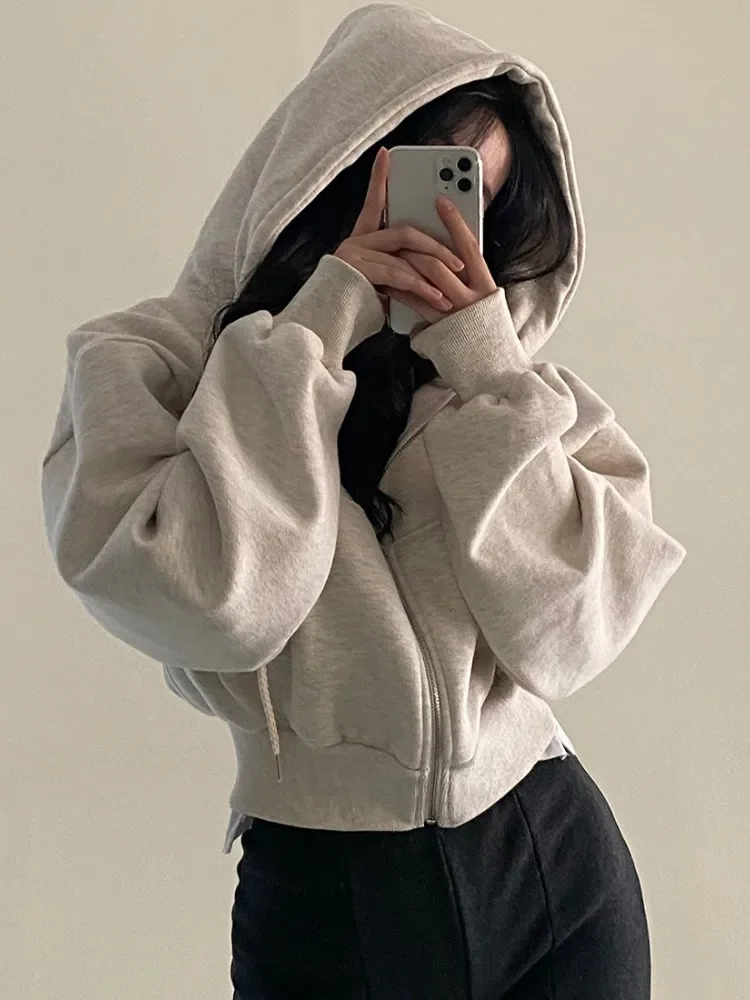 Crop Hood Zip up Hoodie Women Solid Color Oversized Short Coats Autumn Winter lady Pockets Drawstring Hooded Sweatshirts unisex knit ring scarf hood hat winter women cashmere beanie bonnet lady wool neck