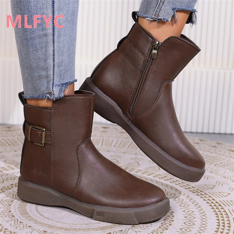 Large Women's Boots 2023 Autumn/Winter New Short Boots Round Toe Flat Bottom Casual Simple Boots Women's Vintage Boots