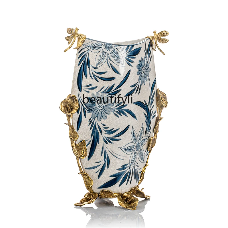 

Blue and White Porcelain with Copper Flower Arrangement Vase Decoration TV Cabinet High-End Luxury Living Room Decoration