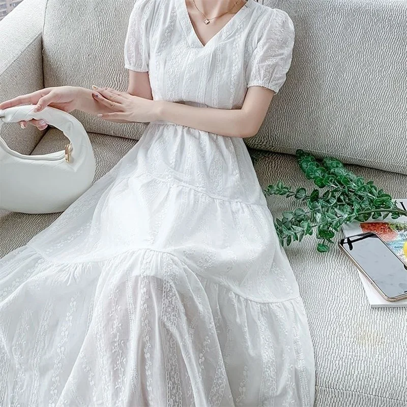 Summer New Pure Cotton V-neck Embroidery Elegant Fashion White Dresses Ladies Short Sleeve Waist Sweet Robe Dress Female Vestido 4
