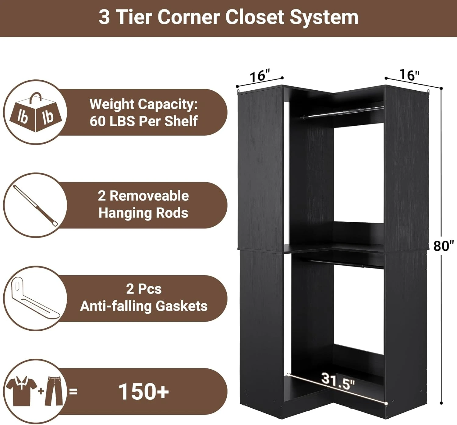 Armocity Corner Closet System, 32 Inches Wide Wood Corner Unit with 2 Hanging Rods and All Hardware Kits, 3-Tier 80'' Height Cor 5