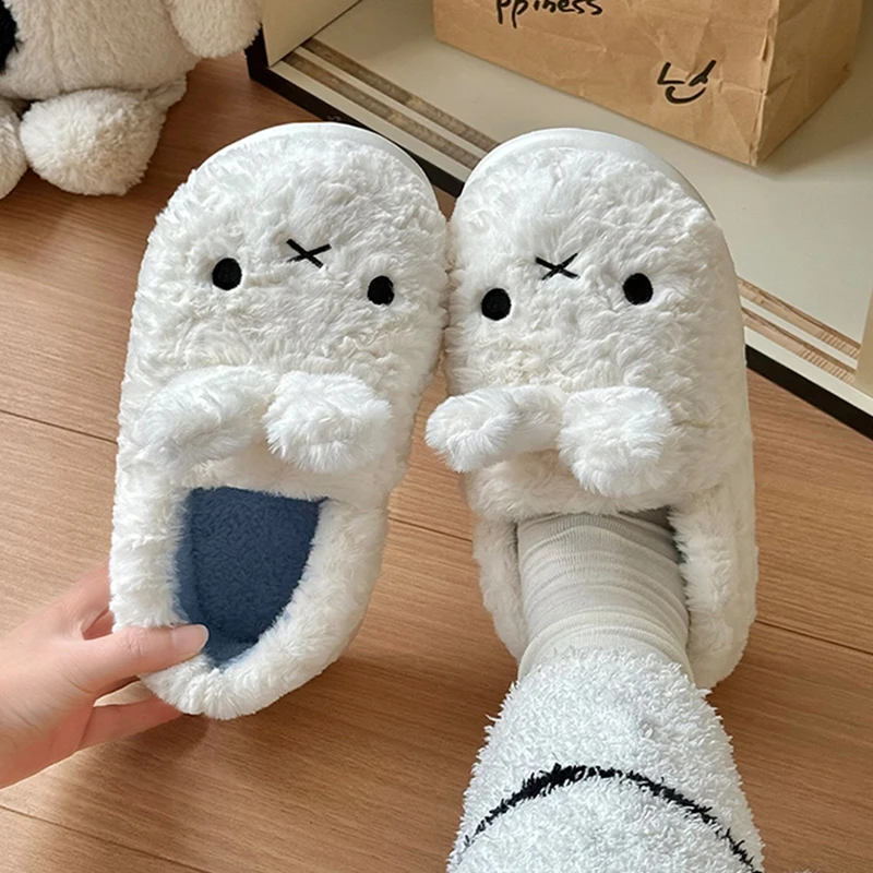 Lovely Lopunny Cotton Slippers for Women 2026 Indoor Thicken Plush Home Slippers Woman Winter Non Slip Soft Warm Slides Female