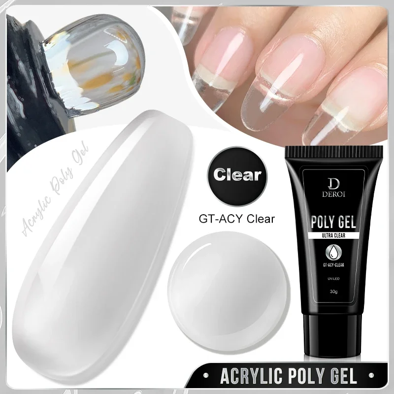 DEROI 퀵 익스텐션 젤 천연 핑크 크리스탈 폴리 네일 젤, 아크릴 반영구 UV/LED 액체 하이브리드 바니시 빌더, 30ml