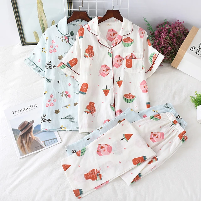 2024 Japanese style simple short women female 100% cotton gauze short  sleeve trousers ladies pajamas