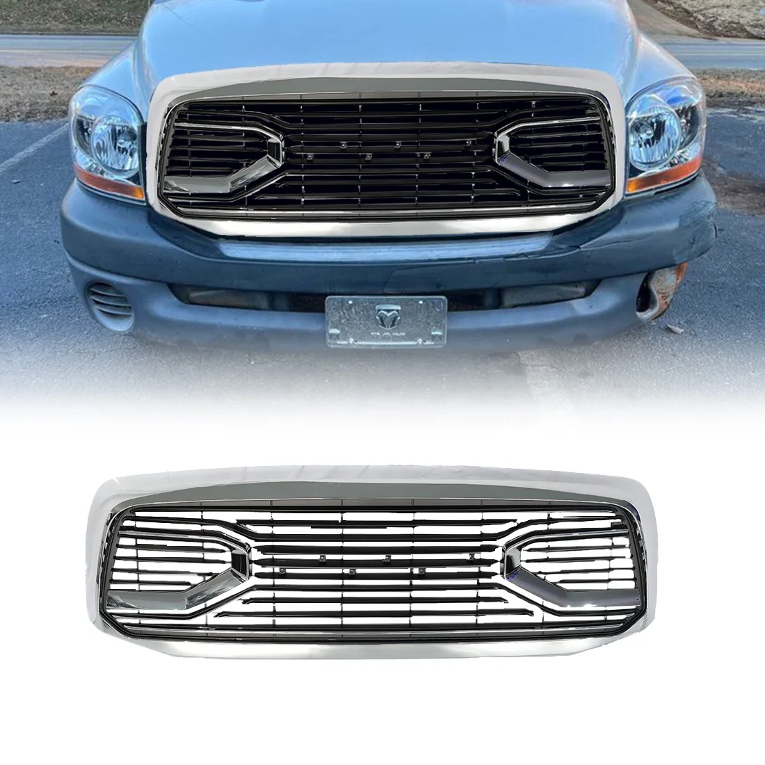 

Chrome Custom Car Grill Front Grille Big Horn Style With Letters For 2006-2008 Dodge Ram 1500 ABS