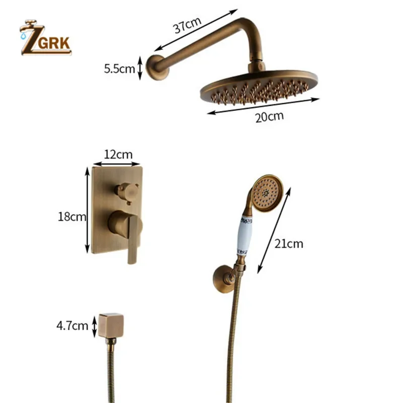 ZGRK Concealed Bathroom Shower Faucet Wall Mount Bath Shower Mixer Tap Brass Antique 8" Rainfall with Handshower Set