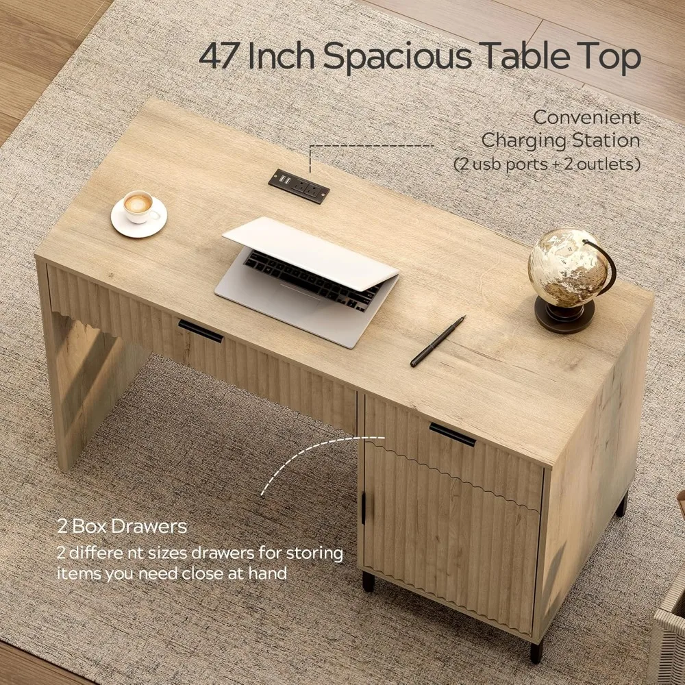 47" Fluted Executive Desk, Modern Wood Home Office Desk with Charging Station, Drawer & Cabinet, Computer Writing Desk for Work 3