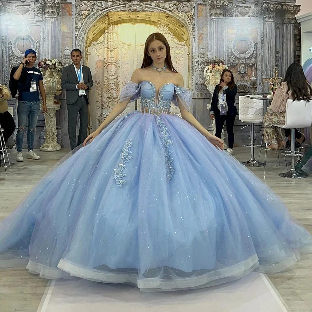 Light Blue Quinceanera Dress Crystal Floral Vestidos De 15 Formal Birthday  | eBay