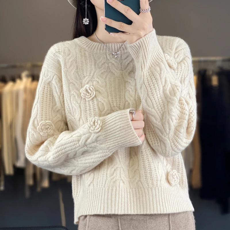 

Luxurious 100 Cashmere Sweater for Women Handmade Crochet Pullover Round Neck Thickened Loose Fit Idle Style Wool