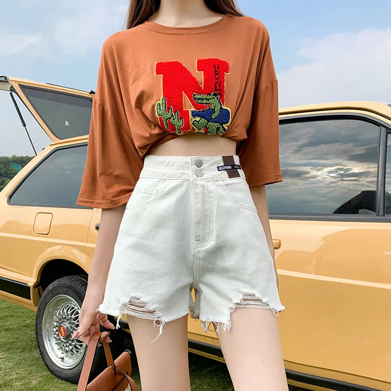 2023 Summer American Simple Denim Shorts Women's New Summer High Waist Loose A-line Slim Wide Leg Fur Hem Pants