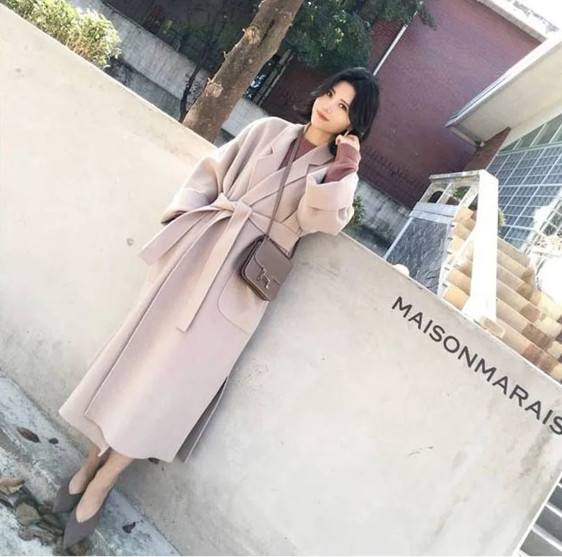 Autumn Winter Warm Blends Coats Women Double Sided Thickened Tweed Coat Solid Colors Sashes Knee-Length Outwears Chic Streetwear