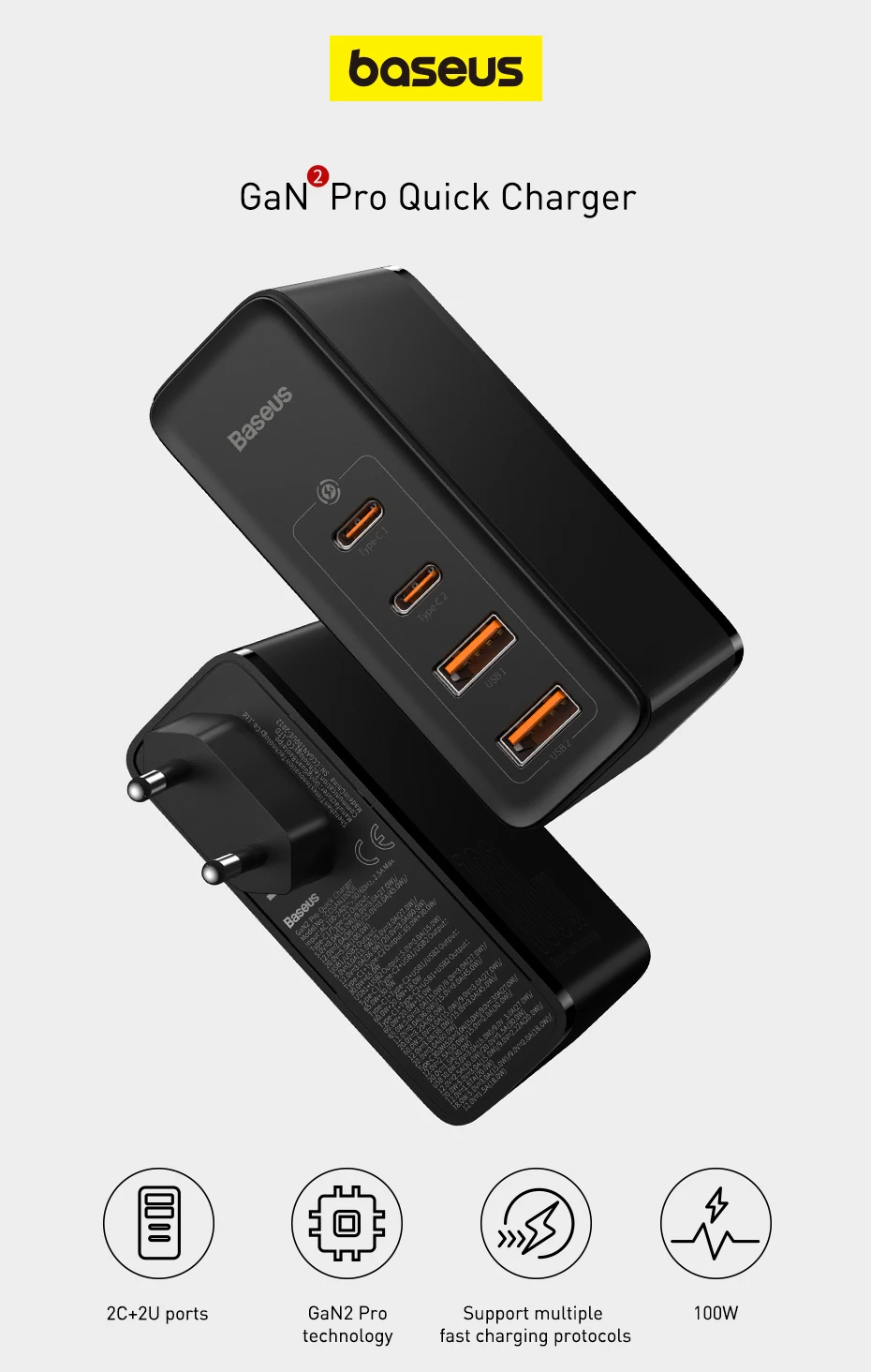 100W GaN Charger USB Type C PD Fast Charger with Quick Charge 4.0 USB Phone Char
