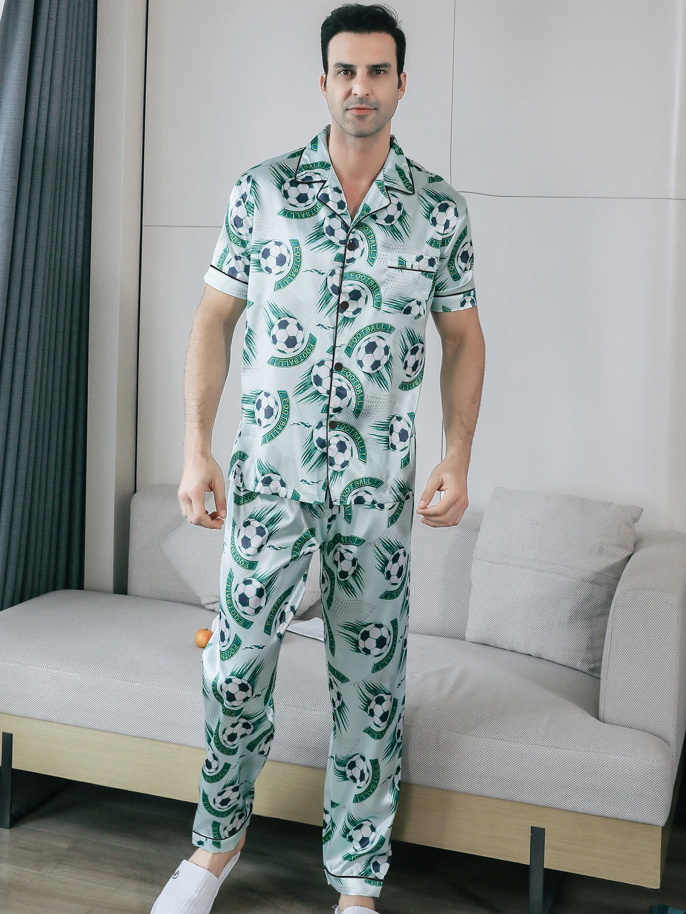 Two piece sets men's sleepwear summer short sleeved pants football pattern printed home clothes sleepwear set