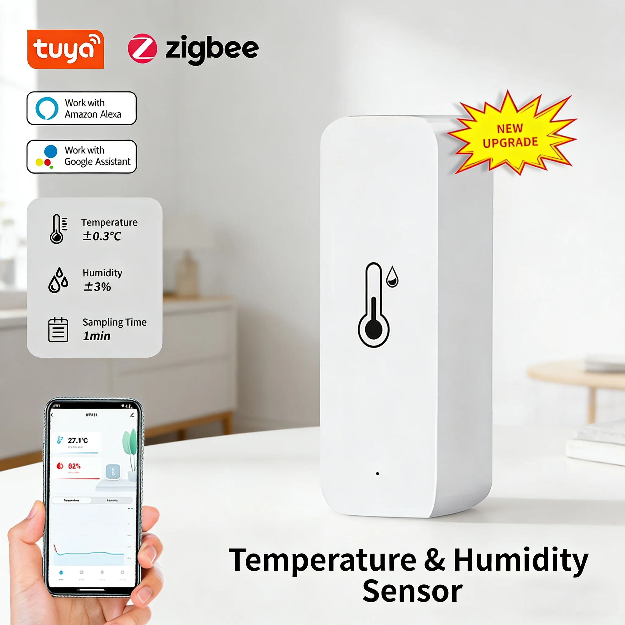 Tuya Zigbee 스마트 온도 습도 센서 실내 습도계 온도계 홈 오토메이션 실시간 데이터는 Alexa와 연동됩니다.