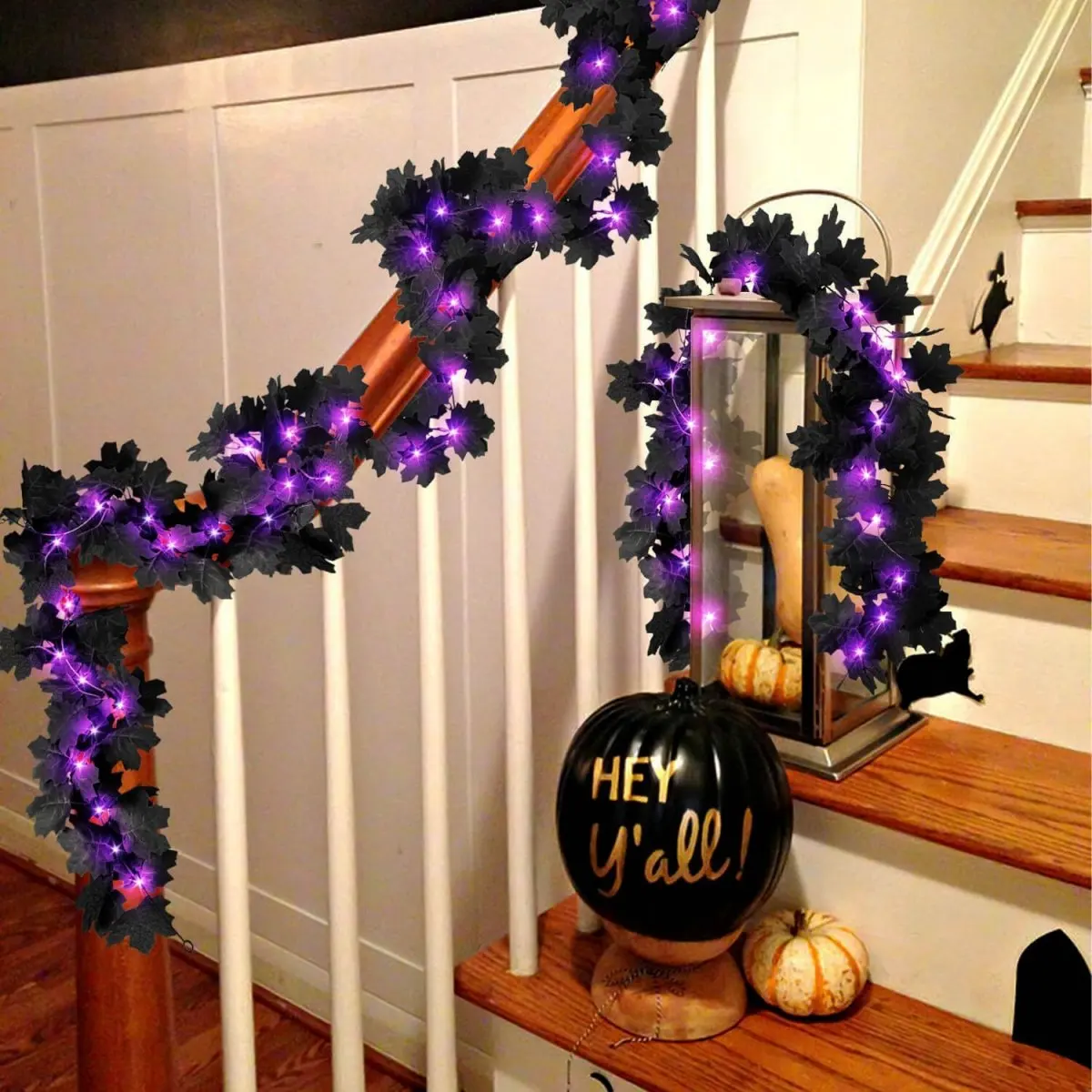 Halloween LED Black Leaf Garland - Battery Powered Fall Vine with Purple Lights