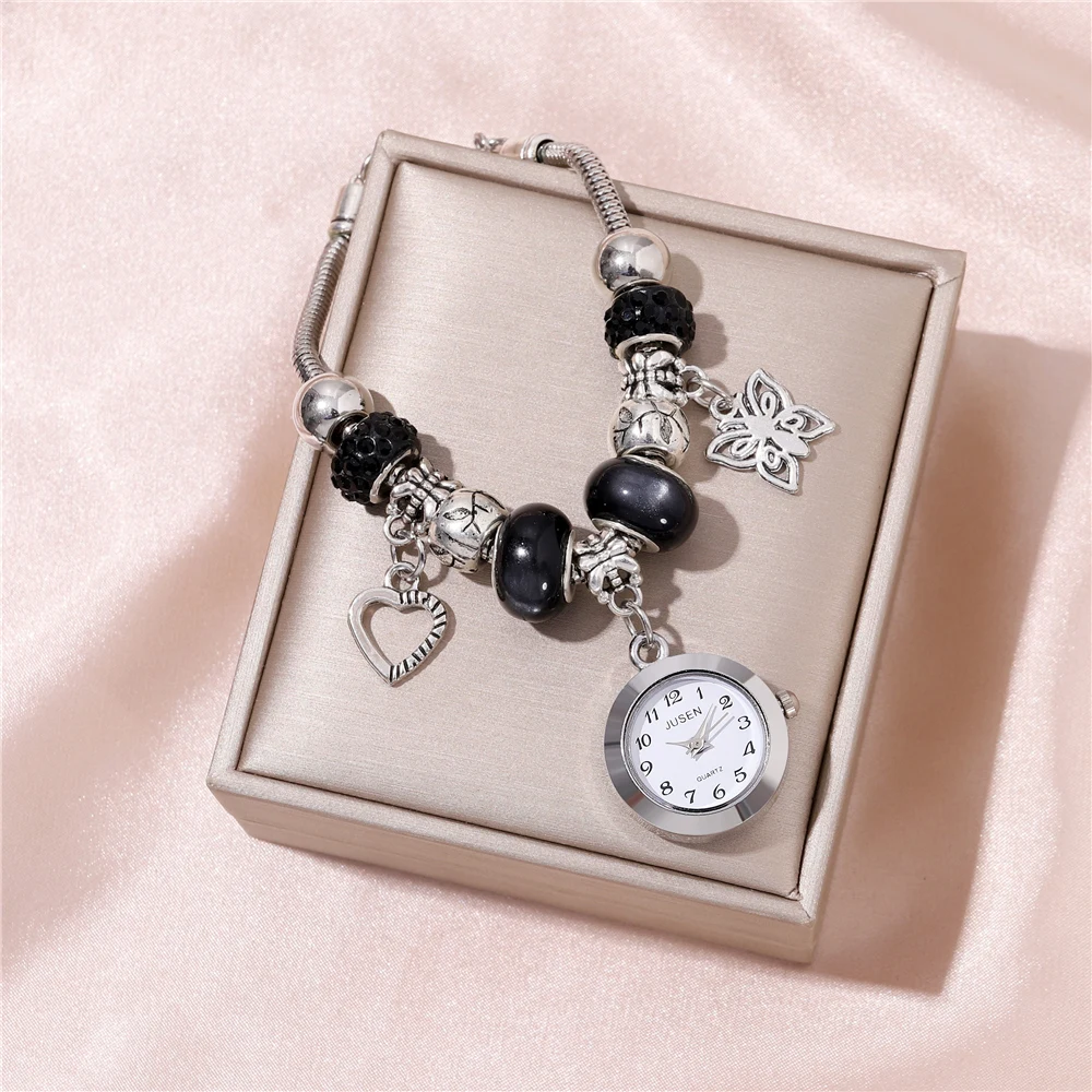 Rhinestone beaded bracelet Love butterfly Pendant Women's bracelet watch 2