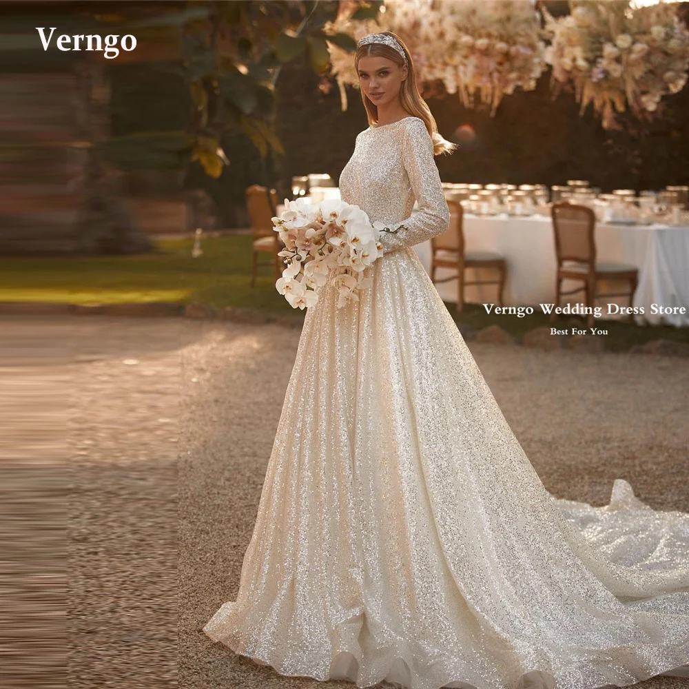 

Verngo Modest Glitter Long Sleeves Wedding Dresses Boat Neck Pockets Court Train Sparkly Princess Bridal Gowns Vestido de novia