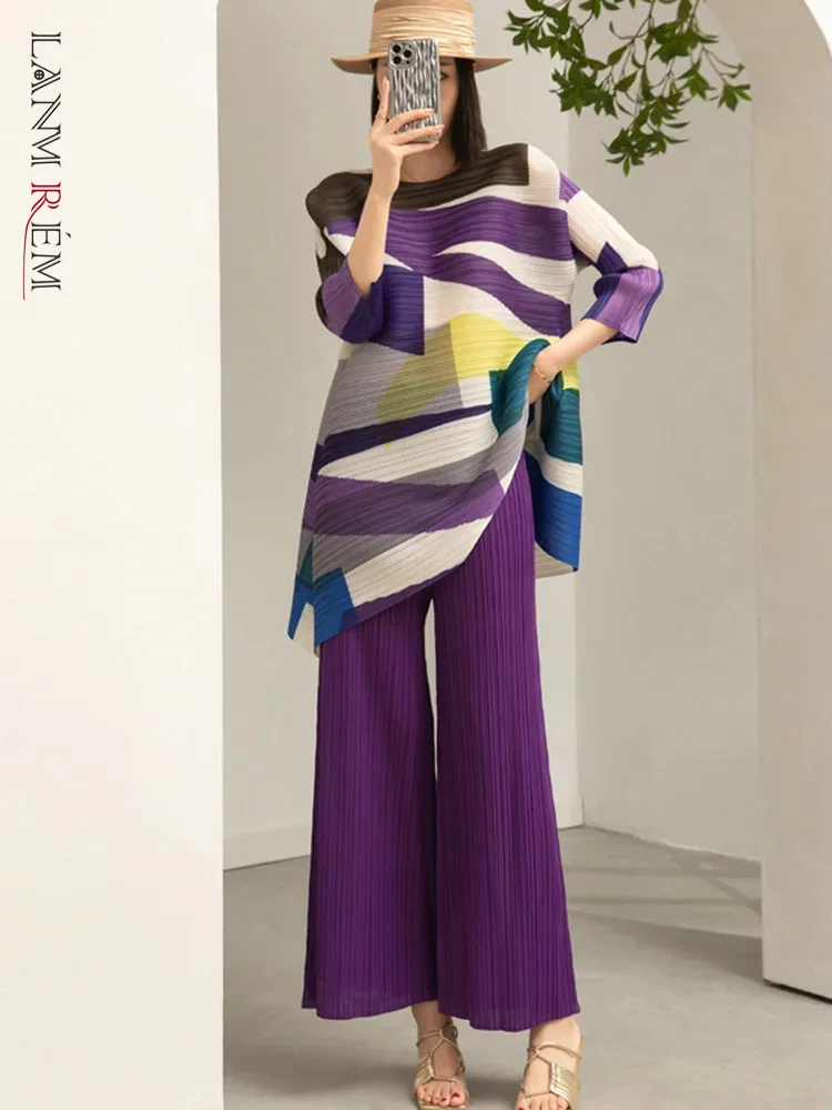 

LANMREM 2 Pieces Sets For Women Loose Long Color Block Shirt With Wide Leg Pants Female Fashion Clothing 2024 Spring 2DA3115