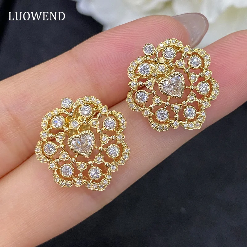 LUOWEND 18K Yellow or White Gold Earrings Real Natural Diamond Fine Romantic Heart Shape Lace Design Stud Earrings for Women