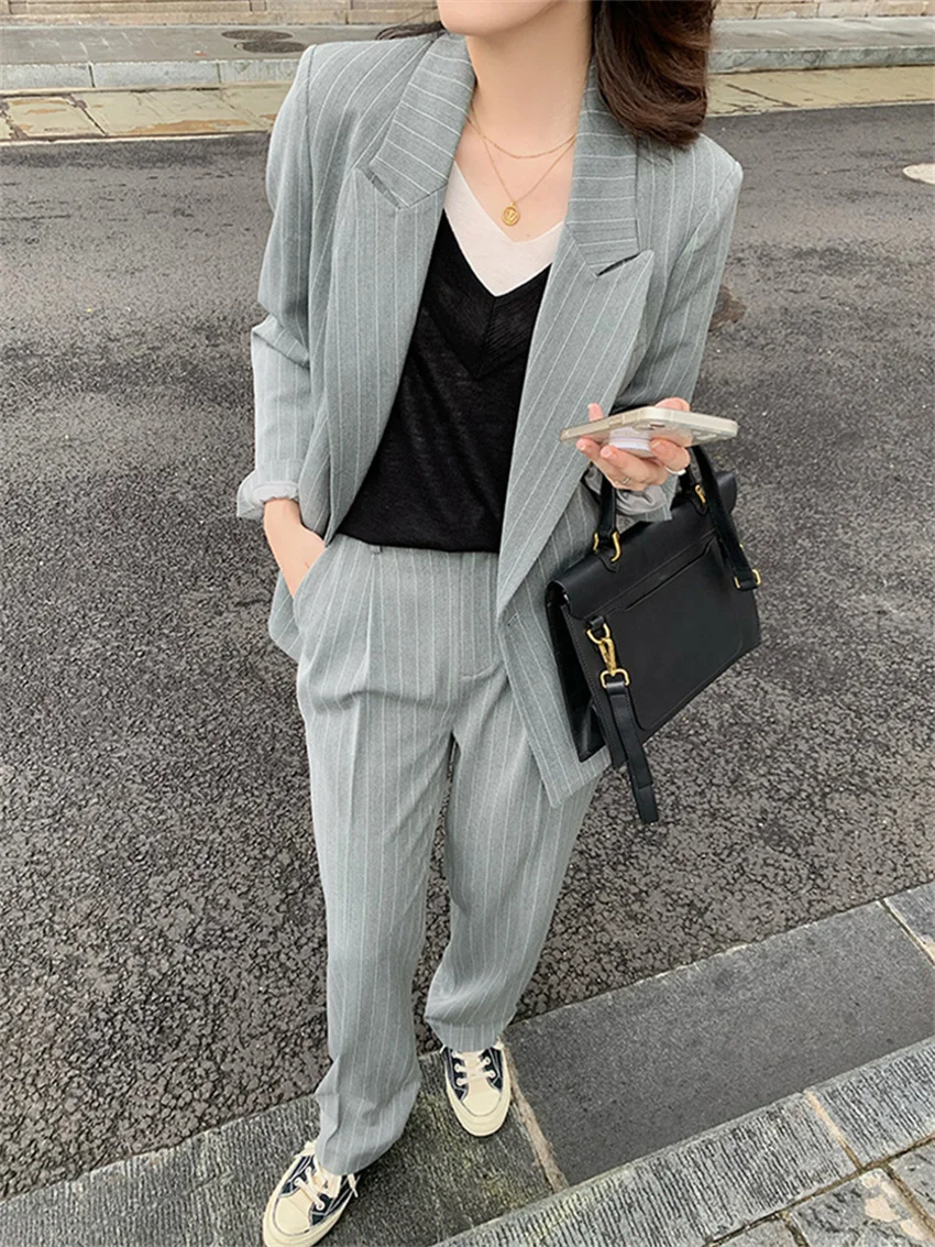 

Alien Kitty S-XL Striped Women Sets New OL Work Wear High Street Blazers Chic Loose Office Lady Pants Two Pieces Suits